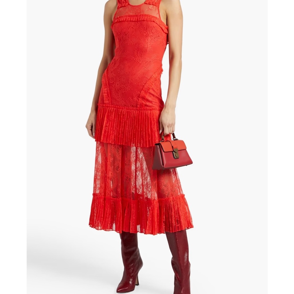 ALEXIS, Size M, Poppy-red Peekaboo Lace MIDI Dress